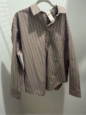 Anthropology Good American Taupe Pinstripe Button-Down Shirt